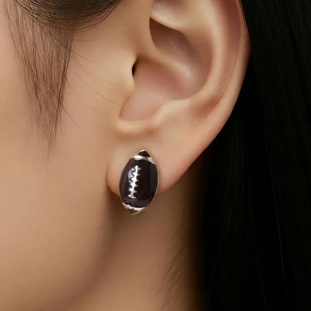 Football Stud Earrings Brown Enamel Silver Sports Studs Team Spirit Fan Jewelry
